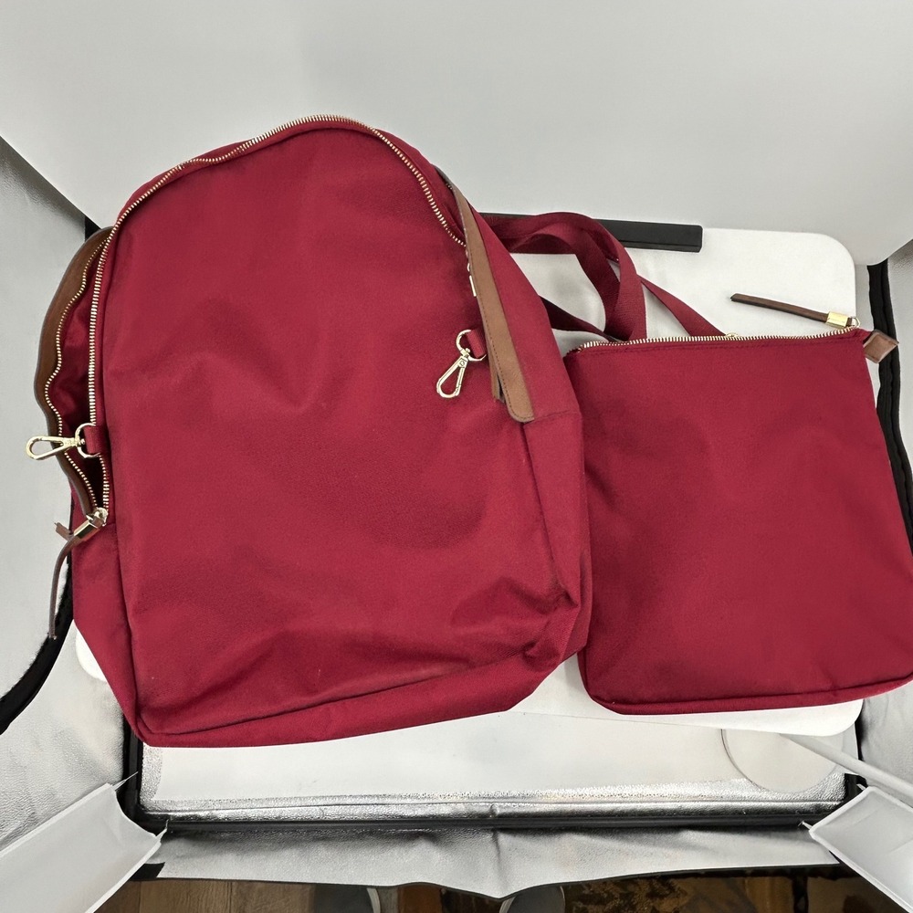 Tommy Bahama Burgundy Canvas Backpack and Crossbody Bag Set‎ Gold Tone Hardware